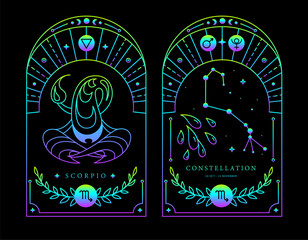 Set of Modern magic fluorescent witchcraft cards with astrology Scorpio zodiac sign characteristic. Vector illustration - 784709315