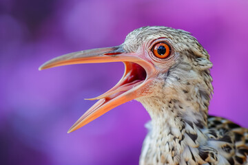 A bird with an open beak and red eyes
