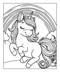 Cute unicorn with rainbow. black and white vector illustration for coloring book, Generative AI