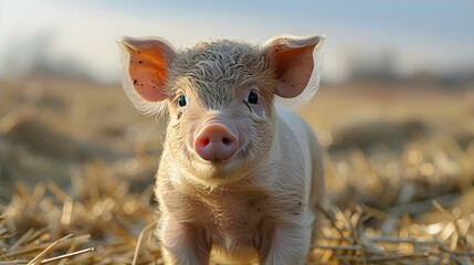 Sunlit Piglet in Hay: A Portrait of Farmyard Bliss. Concept Farm Life, Animal Portraits, Sunlit Scenes, Piglet Photography, Tranquil Environment