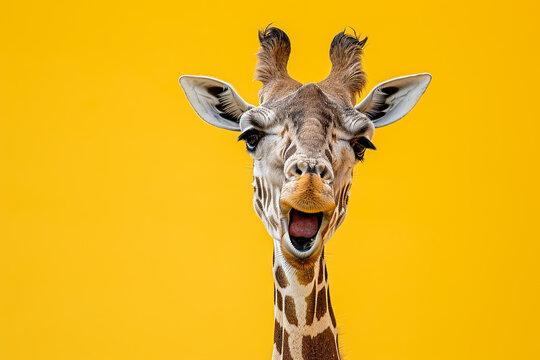 A giraffe is smiling and making a funny face