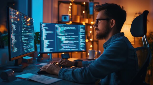 A software developer works on code late into the night, illuminated by the glow of multiple computer screens in a modern office. AIG41
