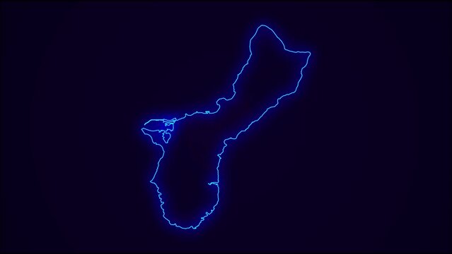 Guam Map Outline Country Border on dark blue.  Neon Lights  colorful animation transition. Flag of Guam. Animation in neon style. 4k Resolution.