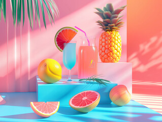 Fototapeta premium color Summer composition, Various tropical fruits, on modern bright background with podiums, copy space. Holiday and vacation, healthy food concept space