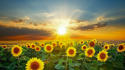 Obraz premium A smiling sunflower field under a bright sky, joy without faces