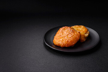 Delicious meat fried with Dijon mustard with salt, spices and herbs