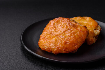 Delicious meat fried with Dijon mustard with salt, spices and herbs