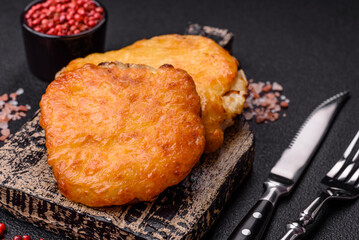 Delicious meat fried with Dijon mustard with salt, spices and herbs