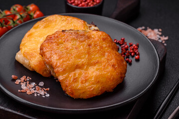 Delicious meat fried with Dijon mustard with salt, spices and herbs