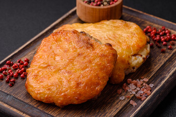 Delicious meat fried with Dijon mustard with salt, spices and herbs