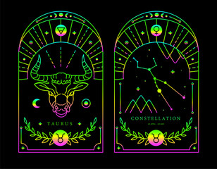 Set of Modern magic fluorescent witchcraft cards with astrology Taurus zodiac sign characteristic. Vector illustration - 784710163