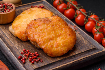 Delicious meat fried with Dijon mustard with salt, spices and herbs