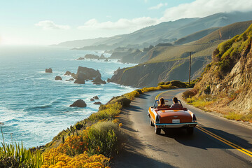 A couple is driving a convertible car on a road near the ocean - obrazy, fototapety, plakaty