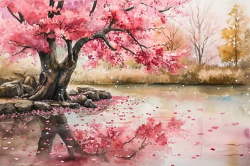 Foto op Canvas A painting of a cherry tree with pink blossoms © mila103