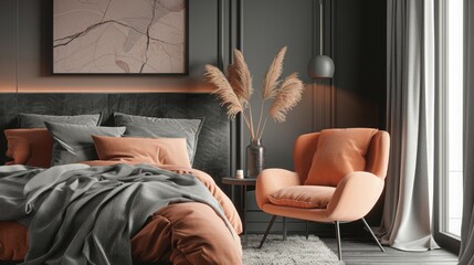 Bedroom in pastel tone peach fuzz color trend 2024 year panton wall empty background for art. Modern premium elegant room interior home or hotel design. Apricot crush stylish accents.3d render 