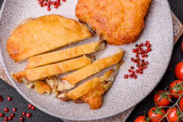 Delicious meat fried with Dijon mustard with salt, spices and herbs