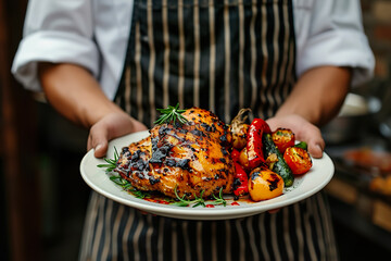 A chef is holding a plate of food, which includes chicken and vegetables