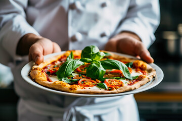 A chef is holding a plate of pizza with lots of toppings, including basil
