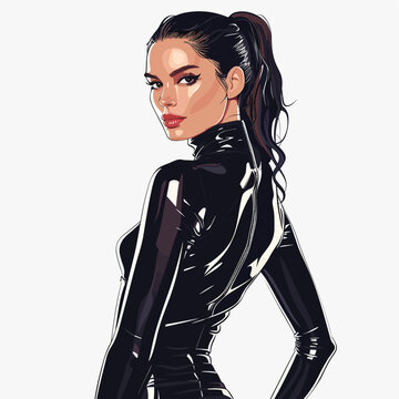 Beautiful sexy woman in black latex suit. Vector fashion illustration.