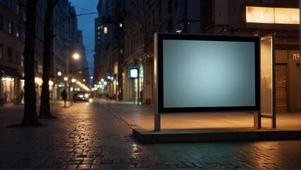 Fototapeta premium Blank billboard on city street at dusk, urban advertising space. Marketing and promotion concept