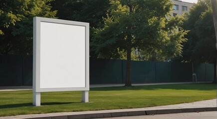 Blank mockup of modern white vertical street poster billboard on Park and Greenery background.