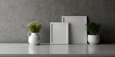 Blank white kitchen picture frame mockup. Minimalist staging. Copies. Exhibitions.