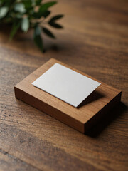 Clean minimal business card mockup on wooden plate with small leaves