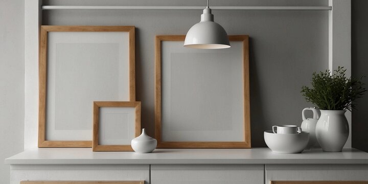 Blank white kitchen picture frame mockup. Minimalist staging. Copies. Exhibitions.
