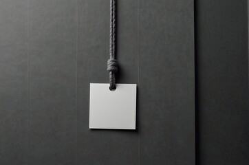 Blank mockup on gray background. Hanging around his neck is a regular blank name tag on a gray background. - obrazy, fototapety, plakaty