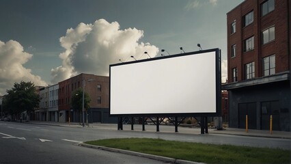 Fototapeta na wymiar Street billboard mockup with white blank space and dynamic cloud background. Advertisement design.