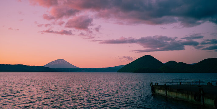 sunset at lake toya with view of mount yotei