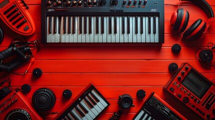 Red-Hued Synth Setup: A Prankster's Soundtrack. Concept Synthesizer, Prankster, Soundtrack, Red-Hued, Music - obrazy, fototapety, plakaty