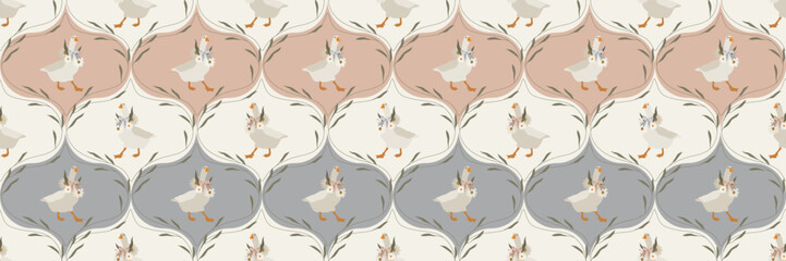 Geese seamless vector pattern. Domestic birds with daisies and bows flat illustration. Vintage wallpaper for fabric design. 