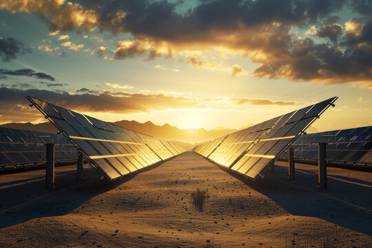 A large solar farm in a desert landscape. Rows of solar panels stretch out towards the horizon, capturing the intense sunlight.