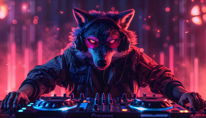 Obraz premium Wolf DJ enjoying the trendy club night party in celebration of international music day