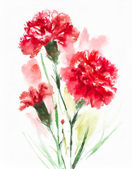 Watercolor artwork showcasing red carnations with green foliage against a stark white backdrop - 784711719