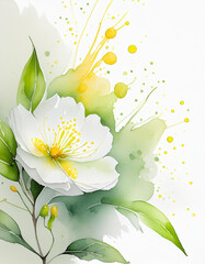 Painting of a white flower with green leaves, surrounded by splashes of yellow and green watercolor - 784711731