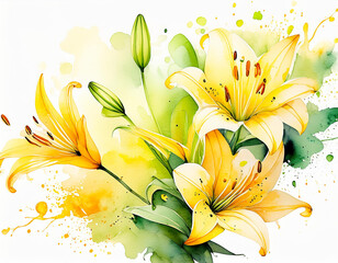 Yellow lilies with green leaves, splashes of watercolor effects enhance the floral beauty - 784711734