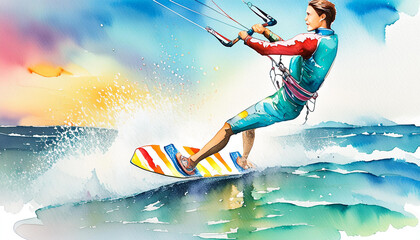 A man is kite surfing, skillfully riding the waves. The vibrant colors depict motion and energy in this dynamic scene - 784711747