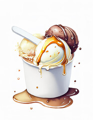Cup of ice cream with a spoon, featuring vanilla and chocolate scoops drizzled with caramel sauce - 784711753