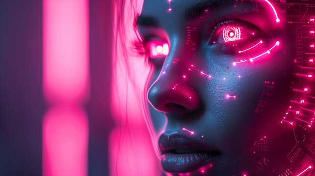 An intricate robotic head, sleek and futuristic, emitting digital patterns against a neon-lit gradient