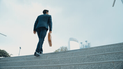 Top view of smart business man walking up stairs with bag in the hand. Professional project manager climb up the stair and going to workplace. Increasing skill, getting promotion, traveling. Exultant. - obrazy, fototapety, plakaty