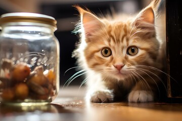 a kitten standing in front of a glass jar of water