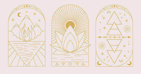 Set of Modern magic witchcraft cards with Four elements and lotus. Line art occult vector illustration - 784712130