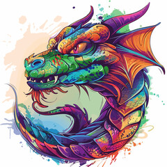 Colorful dragon head on a grunge background. Vector illustration.