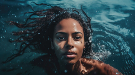 Closeup portrait of a beautiful young african woman jumps out of the water