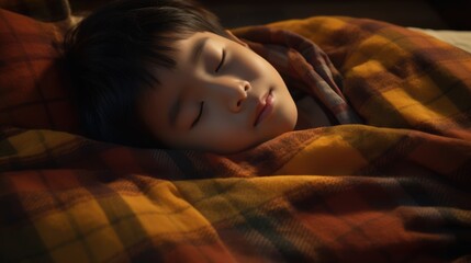 "In the intimacy of his own space, a little Asian boy finds tranquility in sleep under a warm blanket, the night offering solace in his own bed."