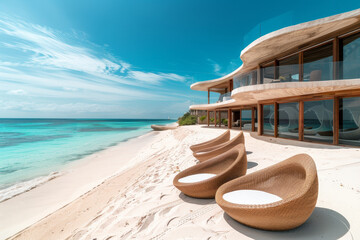 A luxury beach club with an abstract design, its modern loungers arranged on the white sand, facing the sea