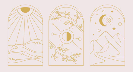 Set of Modern magic witchcraft cards with sun, moon, mountains and ocean. Line art occult vector illustration