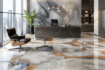 A luxury business office with an abstract floor design